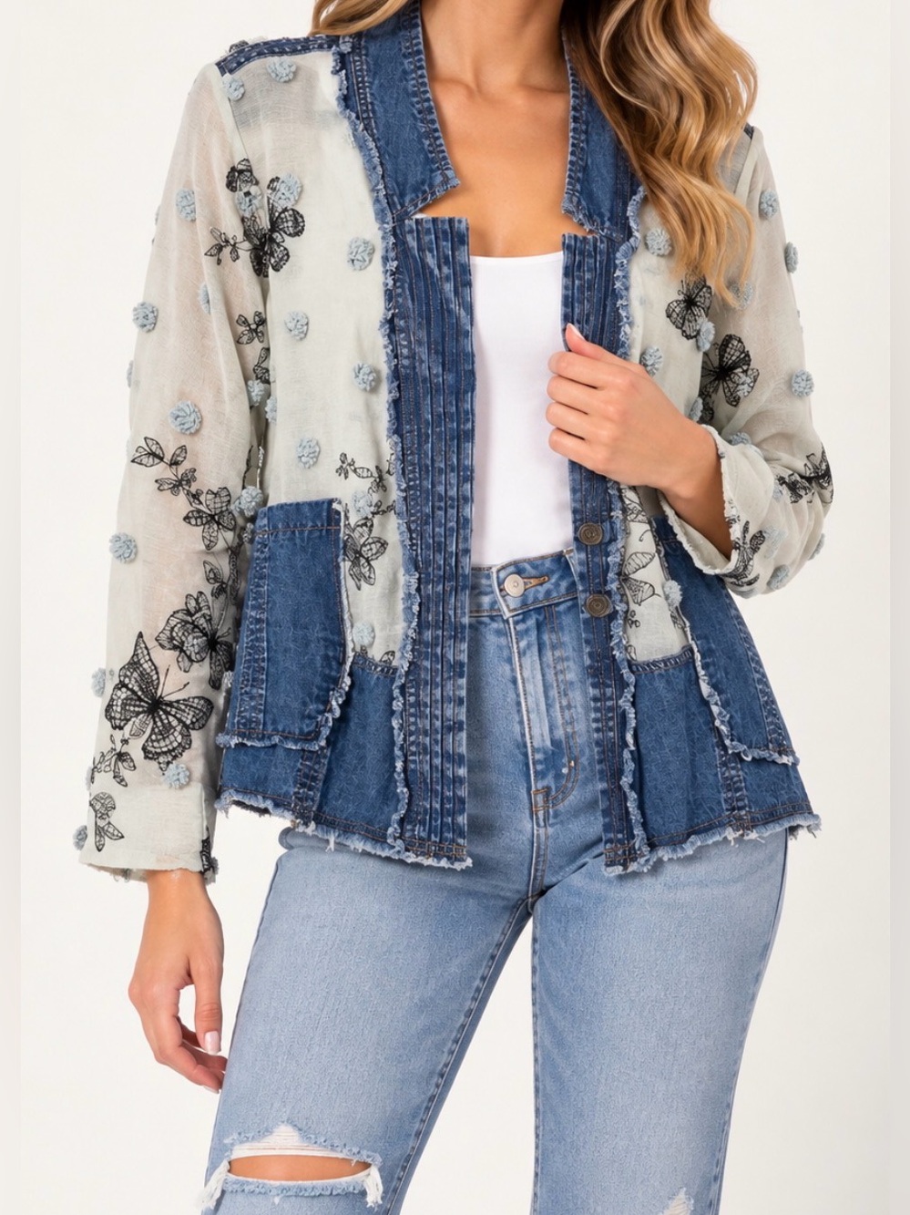 Adore Blue Embroidered Mixed Media Jean Jacket - NWT - Size M oversized